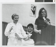 Photograph of Maya Miller, Jo Gonzales, and Gloria Steinem at Nevada Women's Conference in Las Vegas (Nev.), June 18, 1977