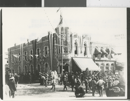 Photograph of the Palace hotel decorated for the railroad days celebration in Goldfield (Nev.), 1905