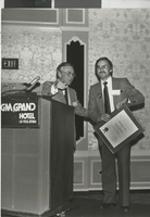 Photograph of Lloyd Katz and an unidentified man at the MGM Grand Hotel in Las Vegas (Nev.), February 1982