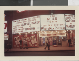 Photograph of the Fremont Theatre marquee advertising "Harlow" and "What's New Pussycat," Las Vegas (Nev.), 1965