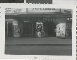 Photograph of the Fremont Theatre entrance advertising "Picnic," Las Vegas (Nev.), March 1956