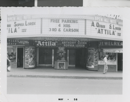 Photograph of the Fremont Theatre marquee advertising "Attila," Las Vegas (Nev.), May 1958