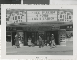 Photograph of the Fremont Theatre marquee advertising "Helen of Troy," Las Vegas (Nev.), March 1956