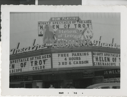 Photograph of the Fremont Theatre marquee advertising "Helen of Troy," Las Vegas (Nev.), March 1956