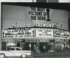 Photograph of the Fremont Theatre marquee advertising "Bridge on the River Kwai," Las Vegas (Nev.), 1957