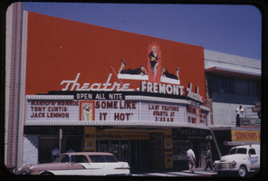 Slide of the Fremont Theatre marquee advertising "Some Like It Hot," Las Vegas (Nev.), 1959