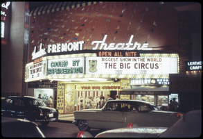 Slide of the Fremont Theatre marquee advertising "The Big Circus," Las Vegas (Nev.), 1959