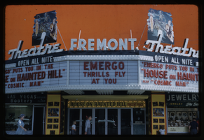 Slide of the Fremont Theatre marquee advertising "House on Haunted Hill," Las Vegas (Nev.), 1959