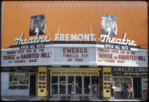 Slide of the Fremont Theatre marquee advertising "House on Haunted Hill," Las Vegas (Nev.), 1959