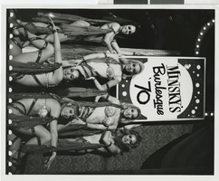Photograph of Minsky's Burlesque sign and dancers at the Aladdin Hotel and Casino, Las Vegas, Nevada, 1970
