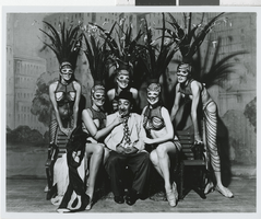 Photograph of Tommy "Moe" Raft and dancers in Minsky's Burlesque at the Aladdin Hotel and Casino, Las Vegas (Nev.), 1972