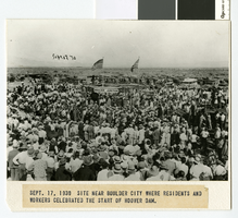 Photograph of residents and workers celebrating the start of the construction of the Hoover Dam, Boulder City (Nev.), September 17, 1930