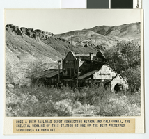 Photograph of a deserted railroad depot, Rhyolite (Nev.), 1920-1950