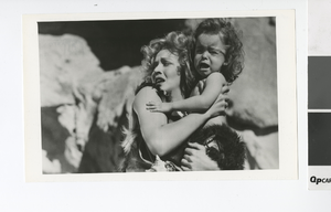 Photograph of an actress and child filming "One Million B.C.", Valley of Fire (Nev.), 1936-1937