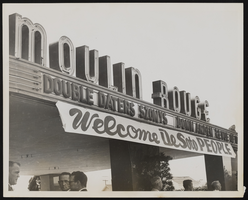 Photograph of Frank Sennes' Moulin Rouge marquee, Hollywood (Calif.), 1950s