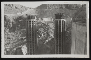 Photograph of intake towers, Hoover Dam, approximately 1932-1936