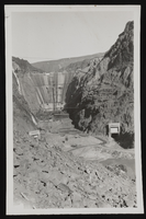 Photograph of construction looking upstream of Hoover Dam, approximately 1932-1936