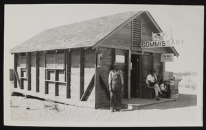 Photograph of three men outside of the Commissary, Boulder City (Nev.), approximately 1930-1936