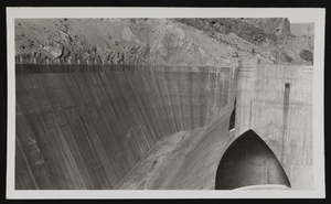 Photograph of top view of the Hoover Dam, approximately 1931-1936