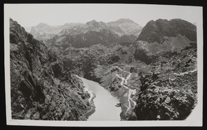 Photograph of mountains and the winding river, Hoover Dam, approximately 1930-1933