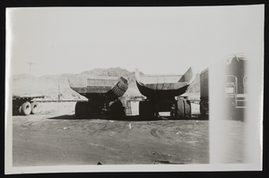 Photograph of construction trucks, Boulder City (Nev.), approximately 1931-1936