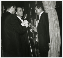Photograph of Joey Bishop, Frank Sinatra, and Dean Martin backstage at the Sands, Las Vegas, early 1960s