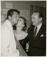 Photograph of Dean Martin, Debbie Reynolds, and Jack Benny backstage, Las Vegas, March 6, 1957