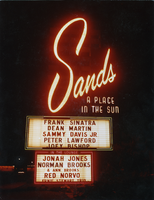 Color panel showing Sands Hotel marquee advertising the Rat Pack, Las Vegas, early 1960s