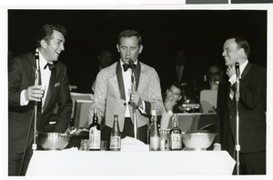 Photograph of Dean Martin, Joey Bishop and Frank Sinatra performing at the Sands Hotel, Las Vegas, April 1966