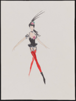 Untitled original drawings: females wearing corsets, garters, tights, boots, and feathered headpieces, 1983