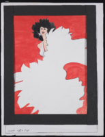Untitled set rendering: woman with black hair and white dress on red background