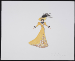 Untitled yellow 1900s gowns: original costume design drawings of two versions