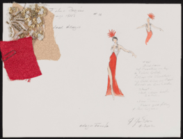 Tango #11 adagio female: original costume design drawing with notes and fabric swatches