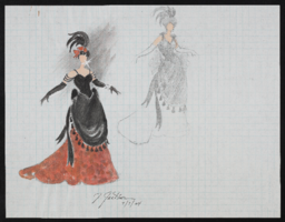 Untitled female in black and red gown: original costume design drawing