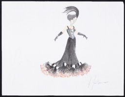 Untitled female in sleeveless black and white gown: original costume design drawing