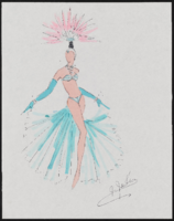 Opening costume design drawing (original) and specifications for bras, briefs, and hats