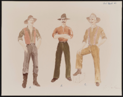Outback costume design drawings: photographs of drawings with fabric swatches