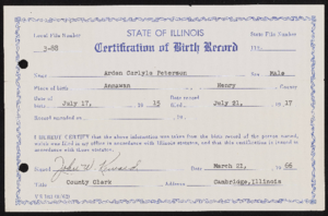 Birth certificate (Arden Carlyle Peterson)