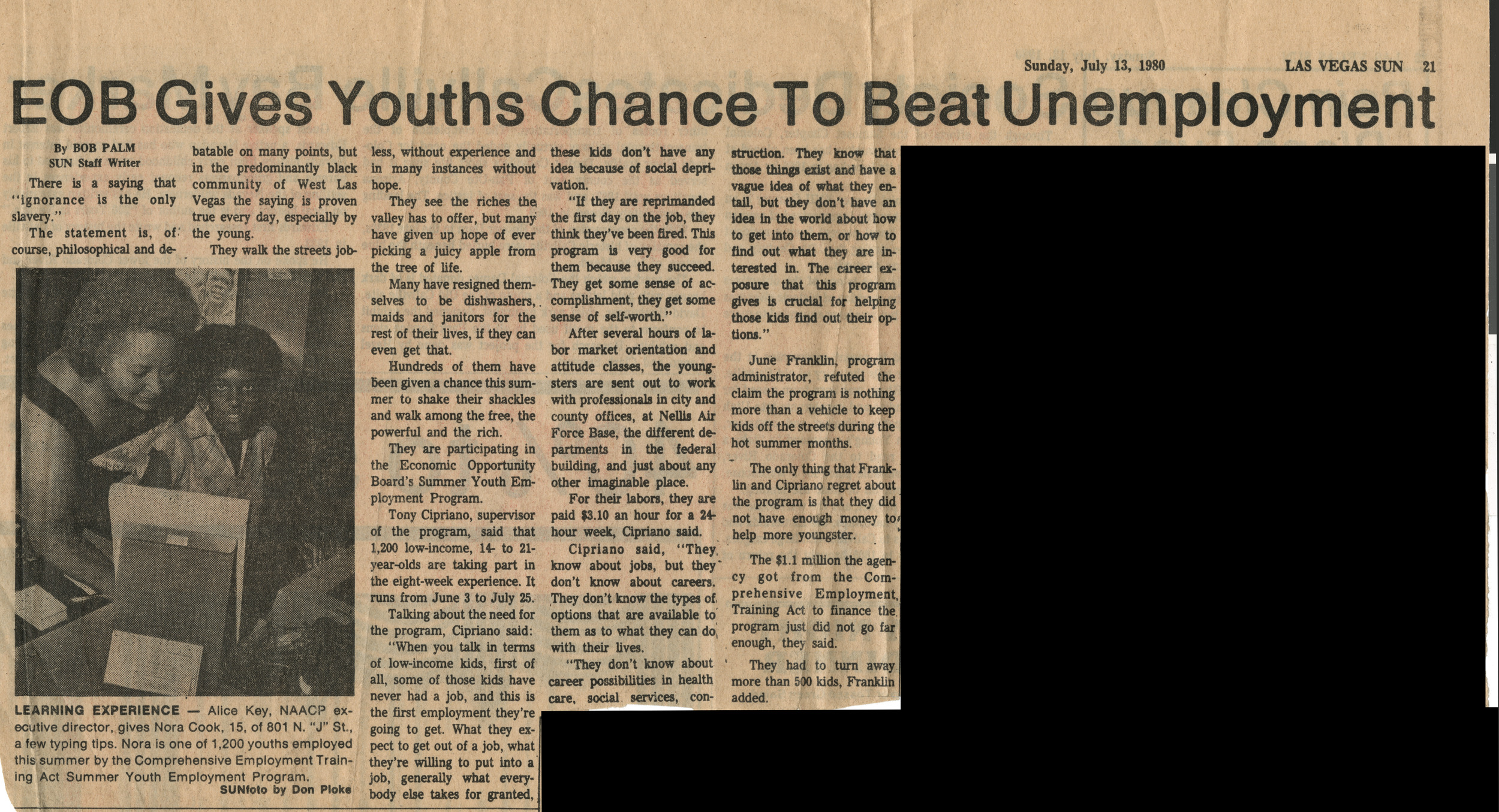 Newspaper clipping, EOB Gives Youths Chance to Beat Unemployment, Las Vegas Sun, July 11, 1980