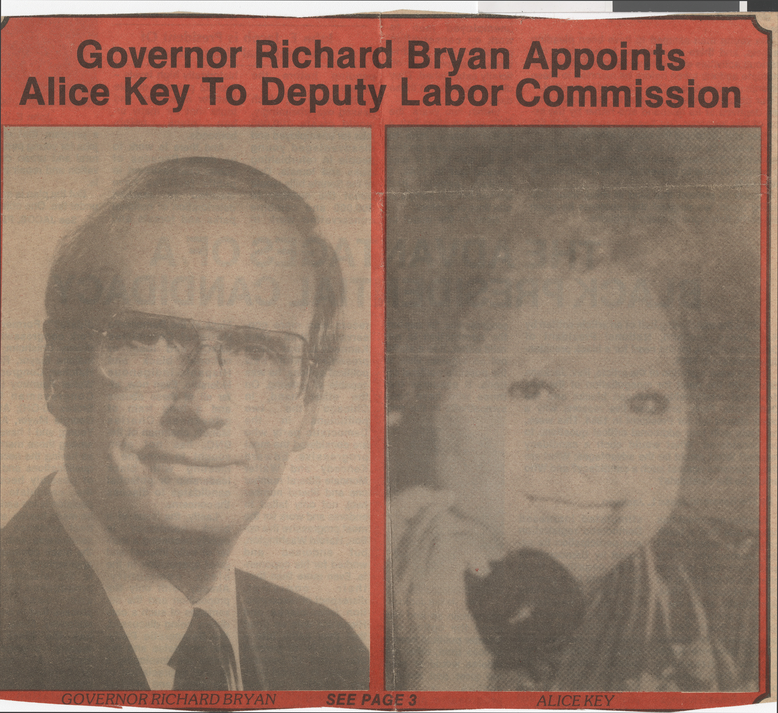 Newspaper clipping, Governor Richard Bryan Appoints Alice Key to Deputy Labor Commission, publication unknown, no date