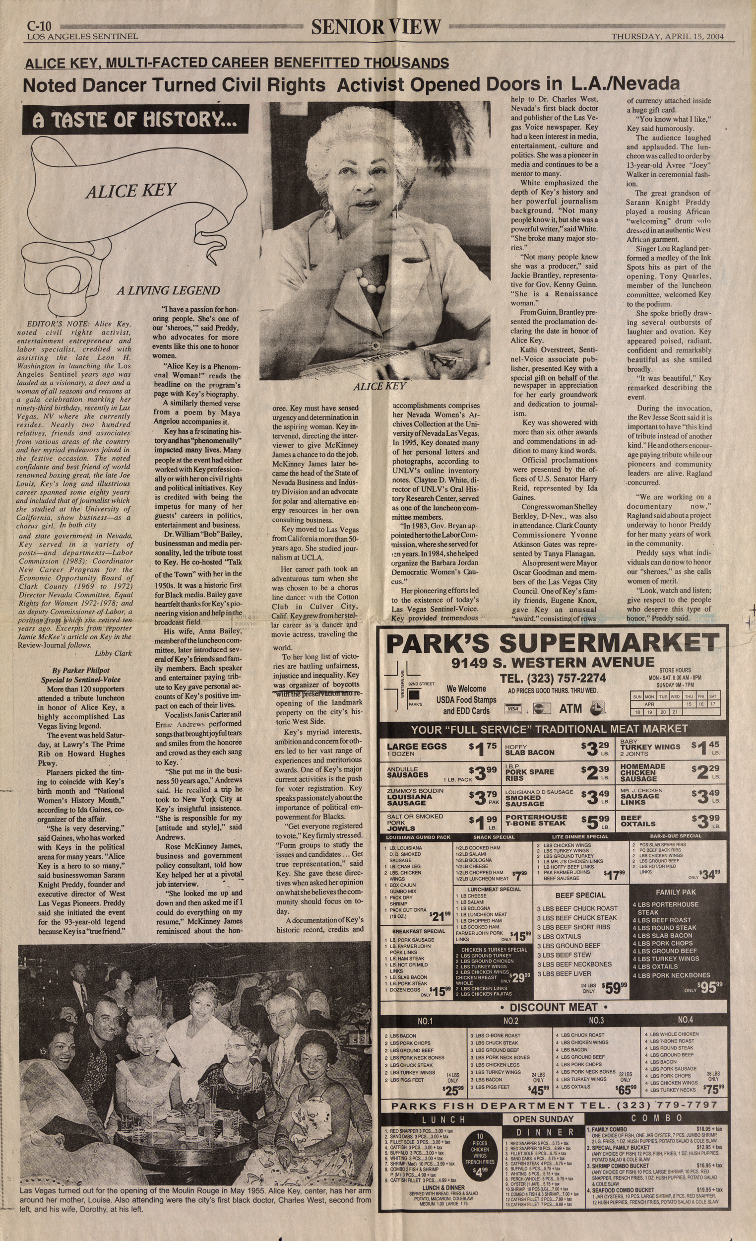 Newspaper clipping, Alice Key, Multi-Faceted Carreer Benefitted Thousands: Noted Dancer Turned Civil Rights Activist Opened Doors in L.A./Nevada, Los Angels Sentinel,  April 15, 2004