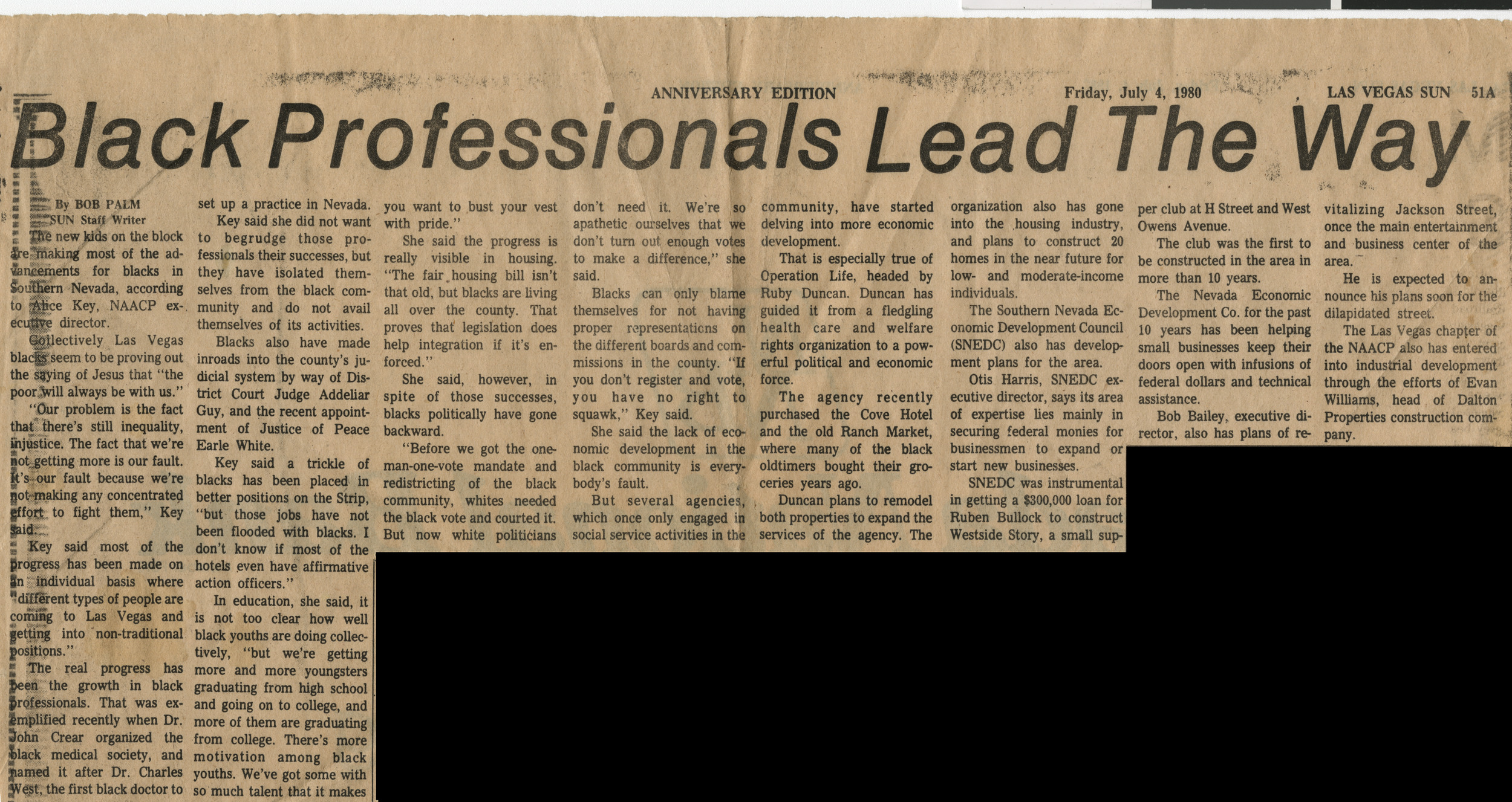 Newspaper clipping, Black Professionals Lead the Way, Las Vegas Sun, July 4, 1980