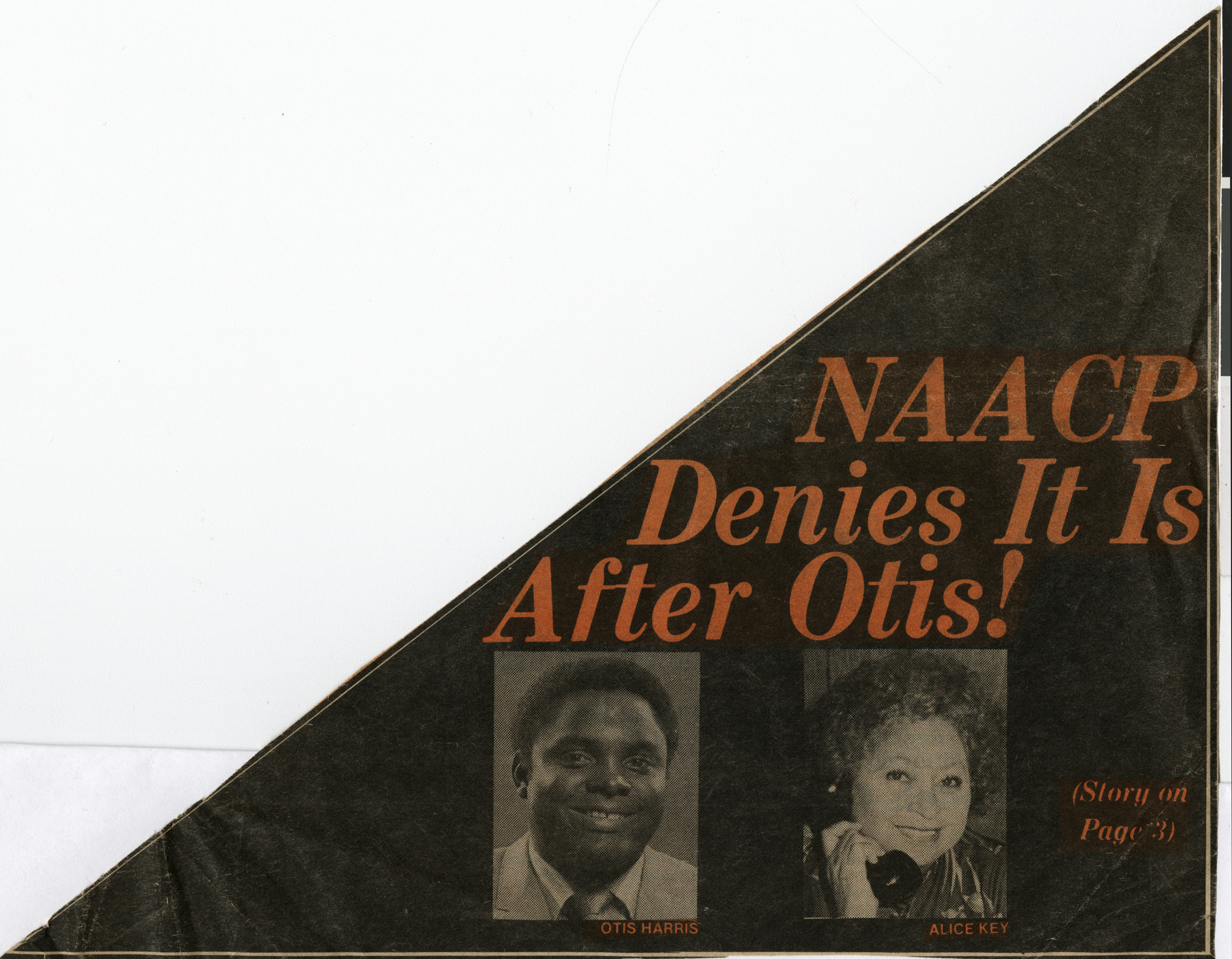 Newspaper clipping, NAACP Denies It Is After Otis, publication unknown, no date