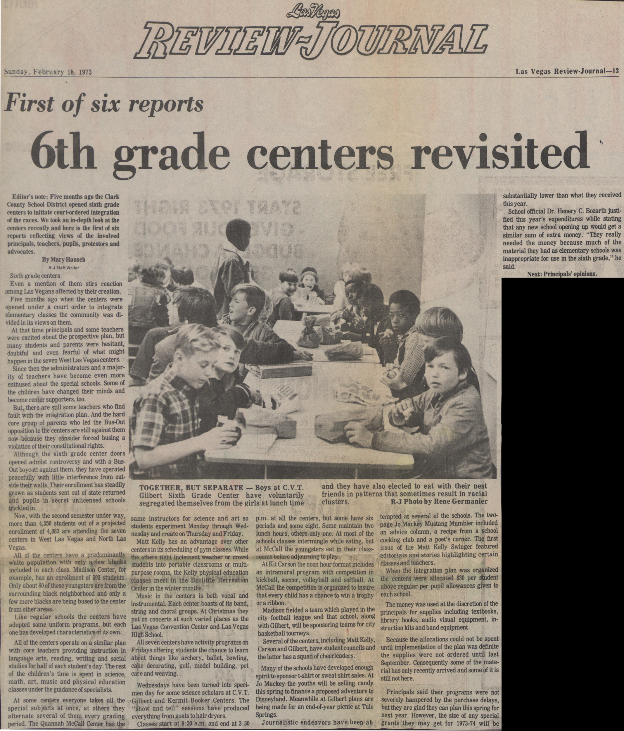 Newspaper clipping, First of six reports, 6th grade centers revisited, Las Vegas Review-Journal, February 18, 1973