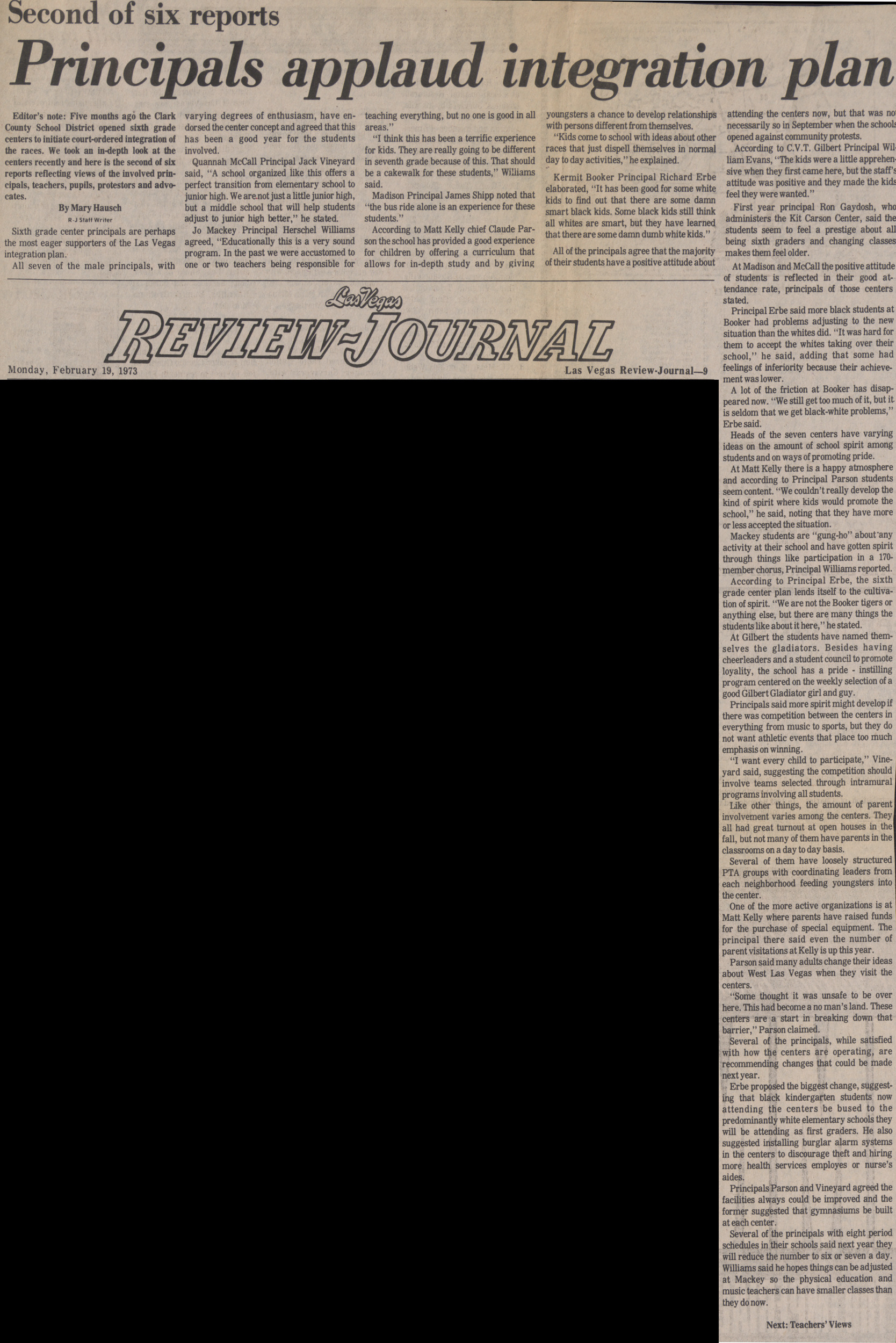 Newspaper clipping, Second of six reports, Principals applaud integration plan, Las Vegas Review-Journal, February 19, 1973