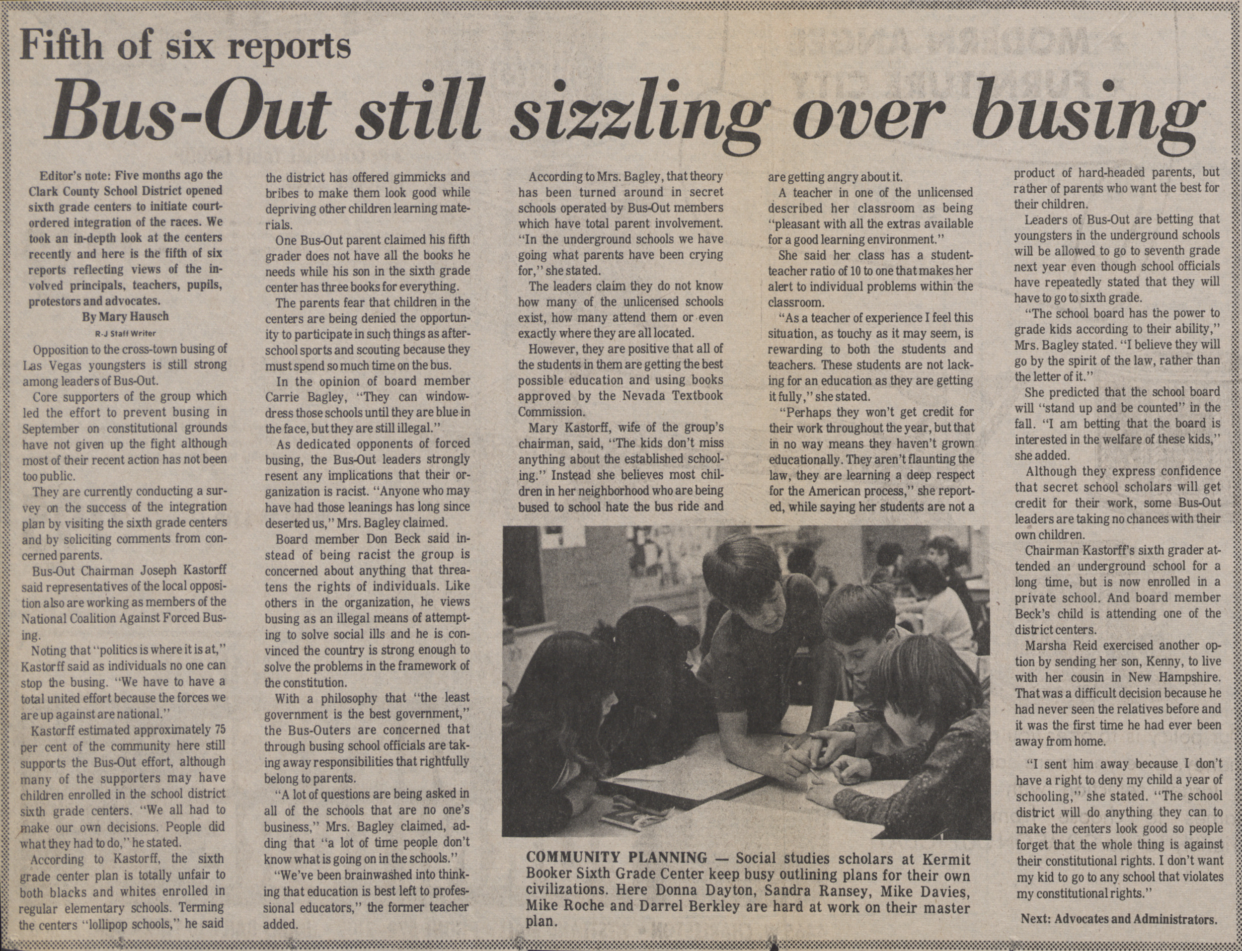 Newspaper clipping, Fifth of six reports, Bus-Out still sizzling over busing, Las Vegas Review-Journal, February 22, 1973