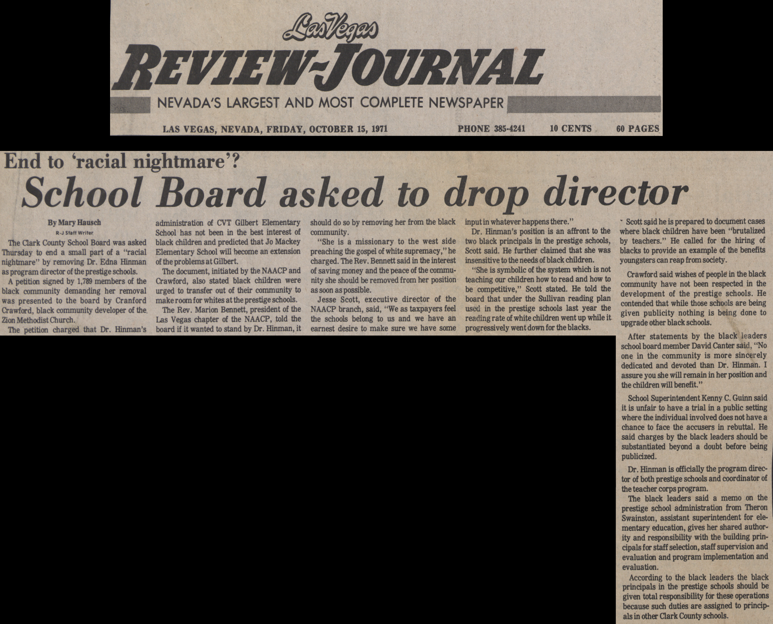 Newspaper clipping, End to 'racial nightmare'? School Board asked to drop director, Las Vegas Review Journal, October 15, 1971