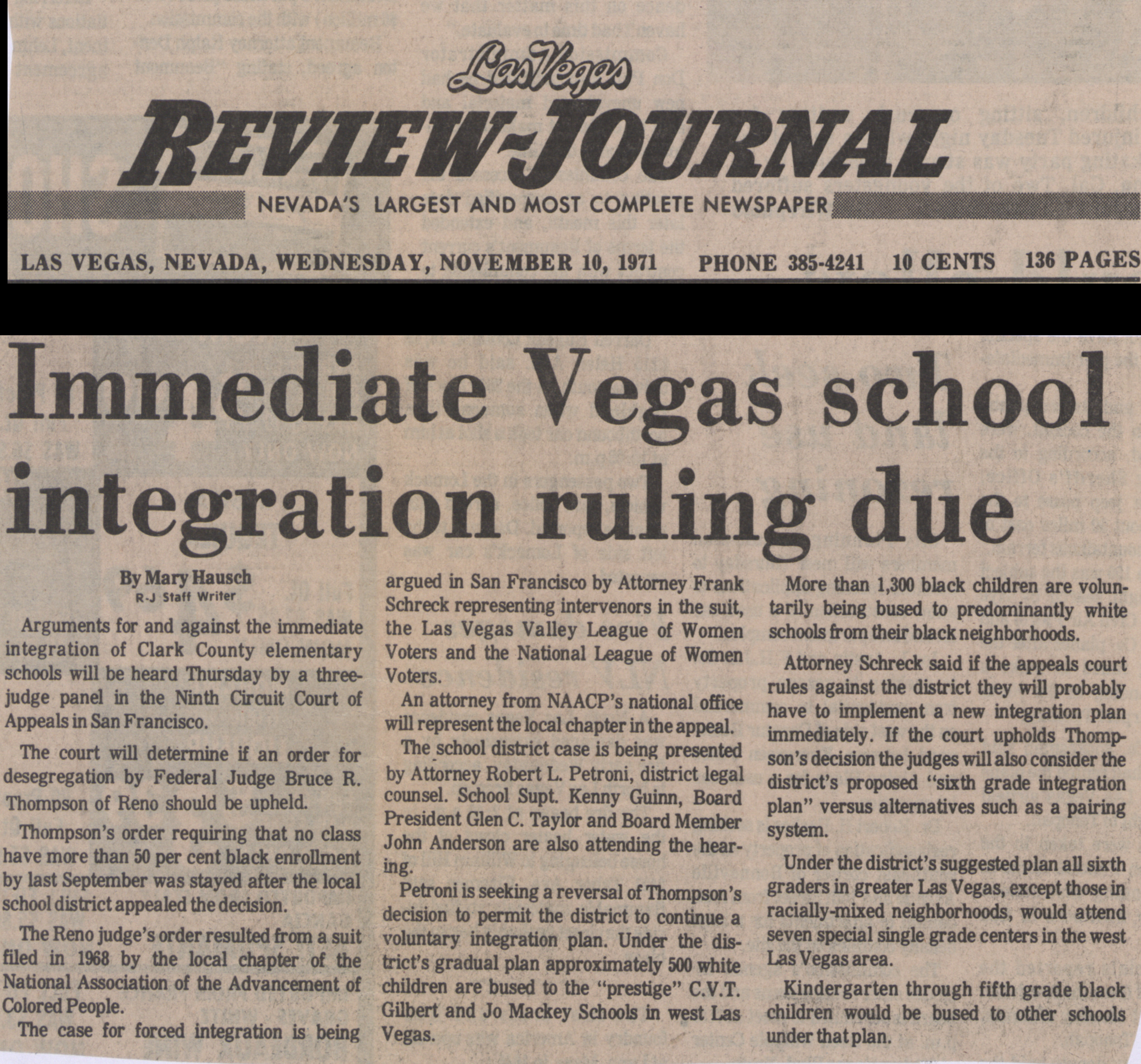 Newspaper clipping, Immediate Vegas school integration ruling due, Las Vegas Review-Journal, November 10, 1971