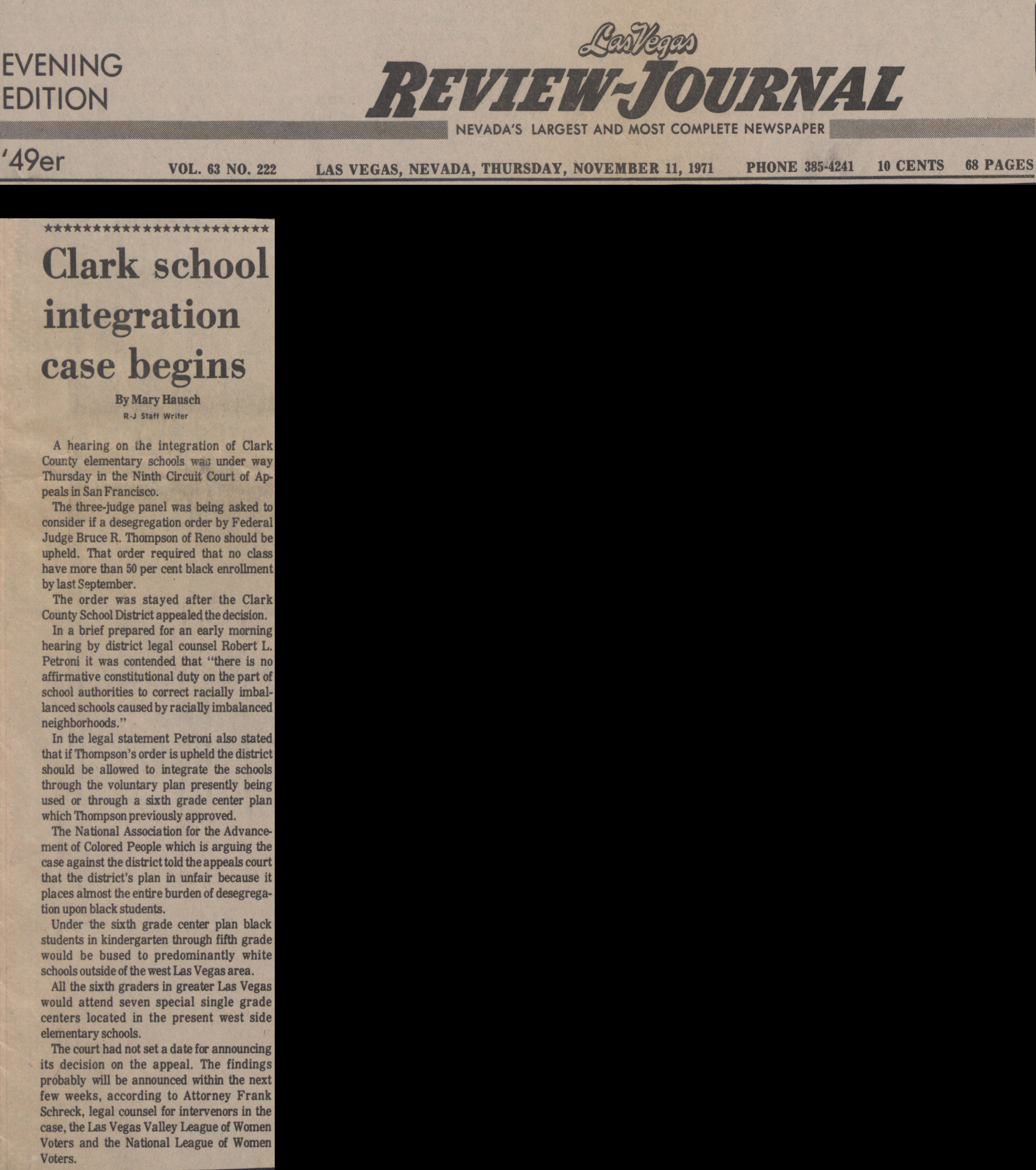 Newspaper clipping, Clark school integration case begins, Las Vegas Review-Journal, November 11, 1971