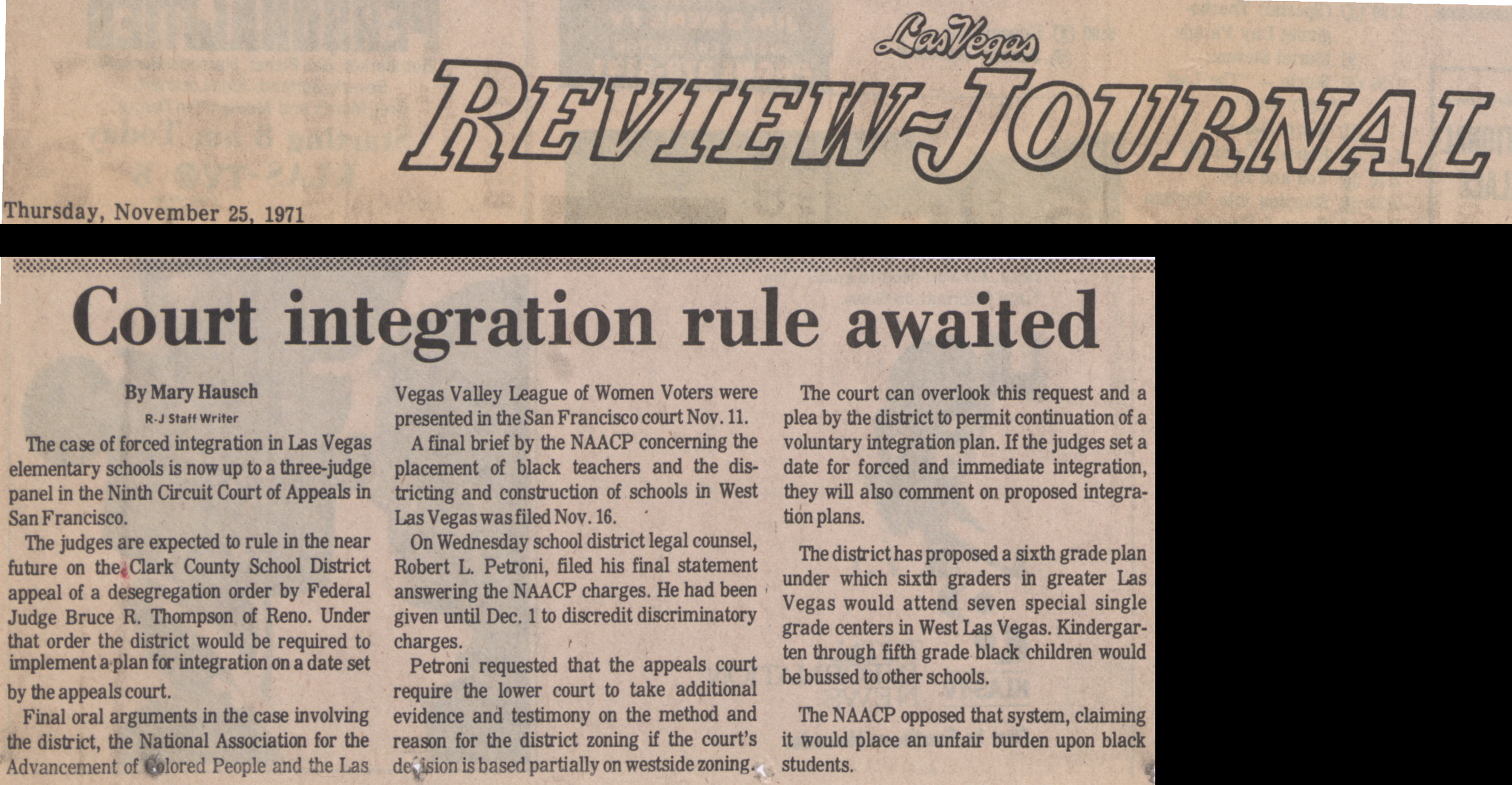 Newspaper clipping, Court integration rule awaited, Las Vegas Review-Journal, November 25, 1971
